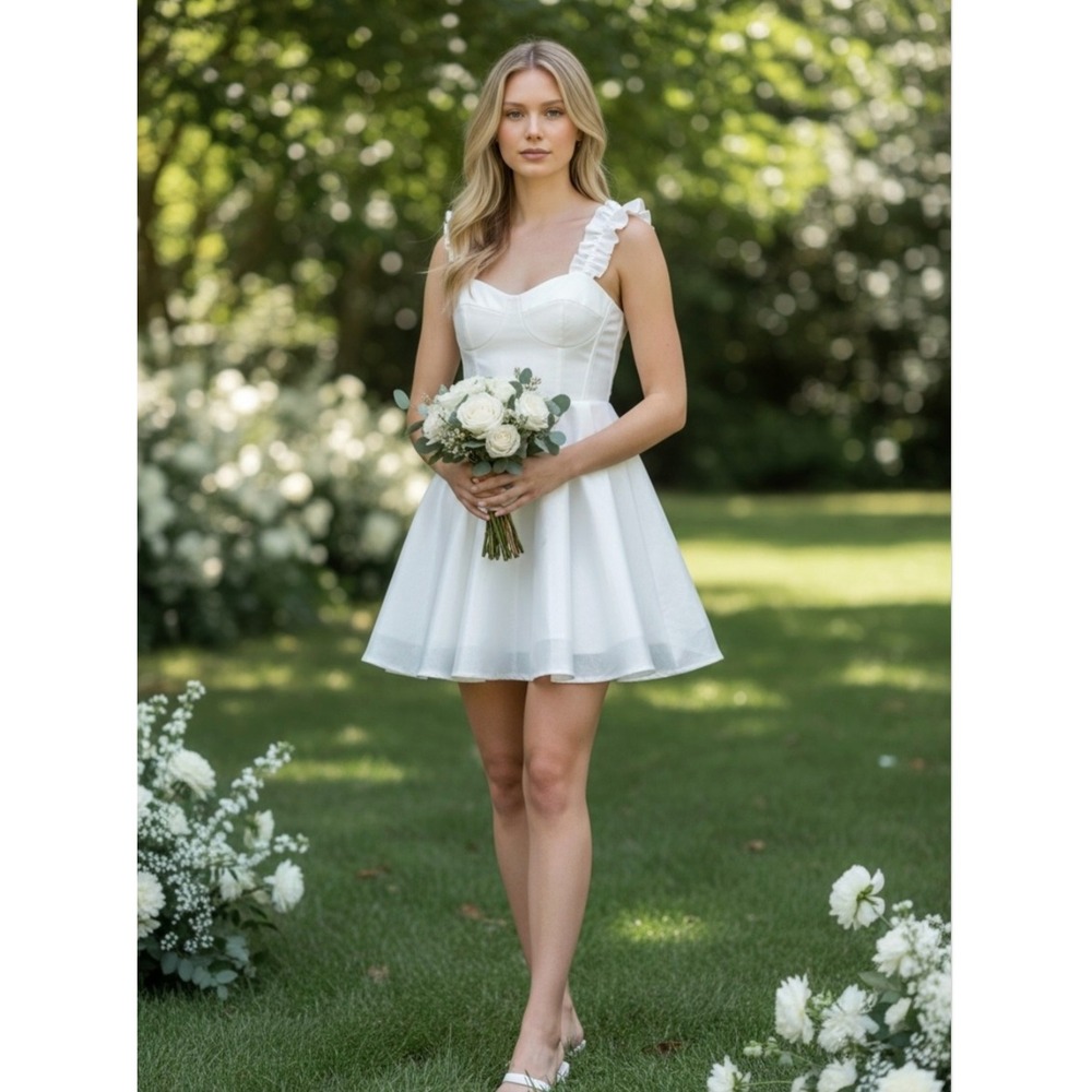 NWT Selkie The Sunny Satin Sheen Ruffle Strap Mini Dress M White